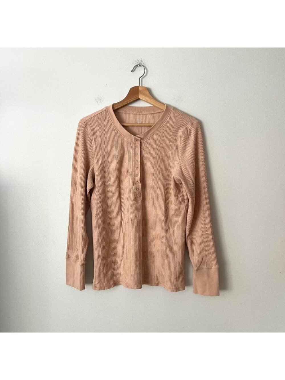 Aerie Tan Brown Ribbed Snap Thermal Henley Long Sleeve Shirt Women's Size Large